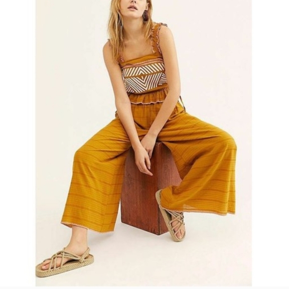 Free People Eva Set Crop Cami High Rise Wide Leg Ankle Length Pants Gold Med NWT - Picture 16 of 16